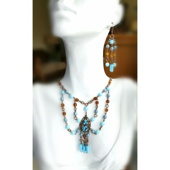 VINTAGE Czech handmade beaded  turquoise amber necklace earring set - Picture 1 of 8